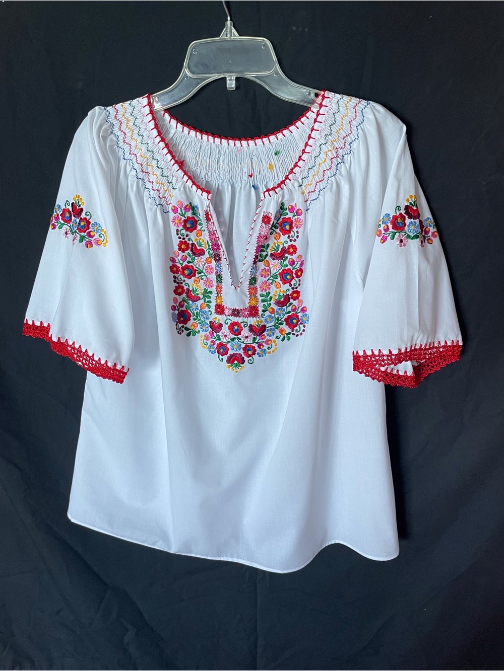 White Embroidered Peasant Top with Red Trim